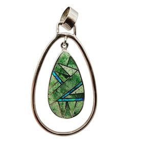 Signed 'JN' Zuni Sterling Serpentine Opal Inlay Pendant 6.2g