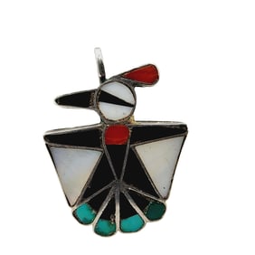 Zuni Sterling Multistone Inlay Thunderbird Pendant 3.1g
