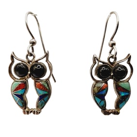 Navajo Sterling Multistone Inlay Owl Earrings 2.9g