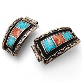 Vintage Navajo Sterling Crushed Coral Turquoise Watch Tips 9.8g