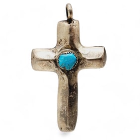 Vintage Navajo Sterling Sandcast Turquoise Cross Pendant 13.4g