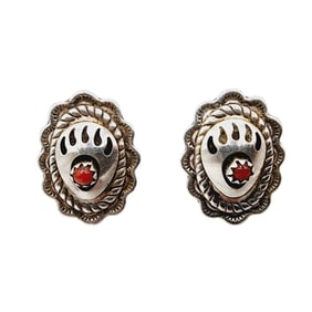 Navajo Sterling Concho Coral Bear Paw Earrings 3.1g