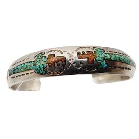 Gilbert Ortega Shop Sterling Chip Turquoise Coral Inlay Kachina Cuff Bracelet 19.5g