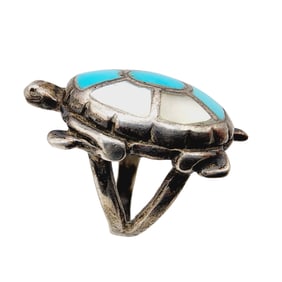 Zuni Sterling Turquoise Mother Of Pearl Turtle Ring Sz 4.5 6.4g