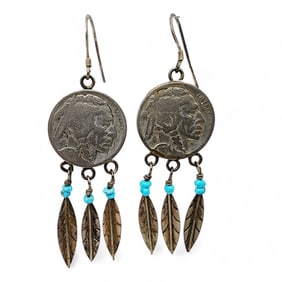Vintage Navajo Sterling Buffalo Indian Head 1928 Nickel Turquoise Earrings 13.6g