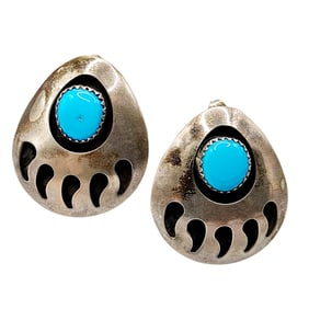 Navajo Sterling Shadowbox Turquoise Bear Paw Earrings 7.2g