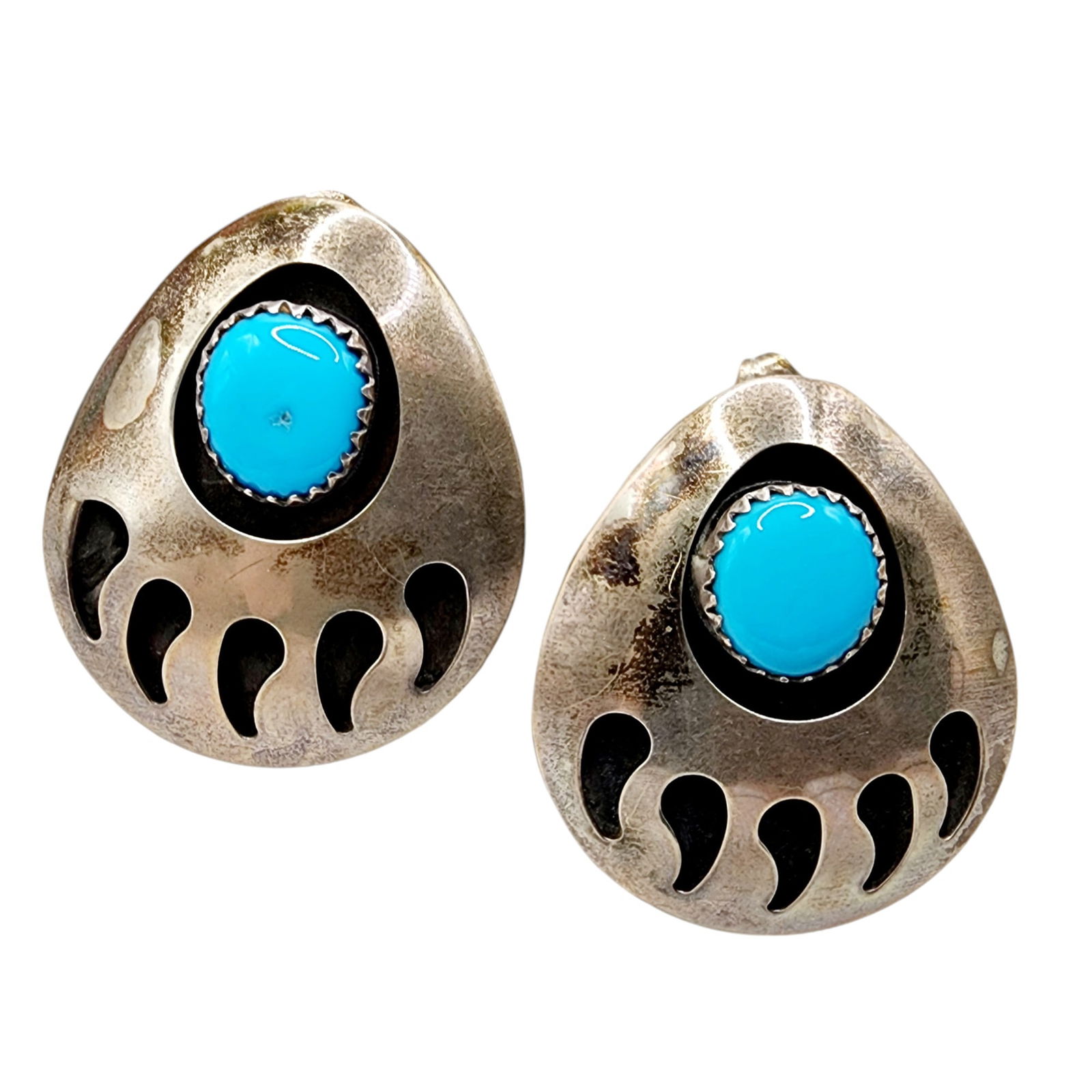 Navajo Sterling Shadowbox Turquoise Bear Paw Earrings 7.2g (1 of 4)