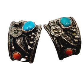 Vintage Navajo Sterling Turquoise Coral Watch Tips 20.2g