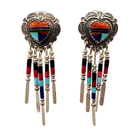 Signed 'SW' Sterling Multistone Inlay Stamped Fringe Earrings 6g