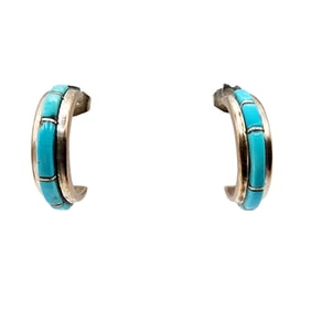 Signed Nastacio Zuni Sterling Turquoise Raised Inlay Hoop Earrings 2.8g