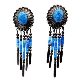 Quoc Trading Sodalite Sterling Concho Fringe Earrings 5.5g