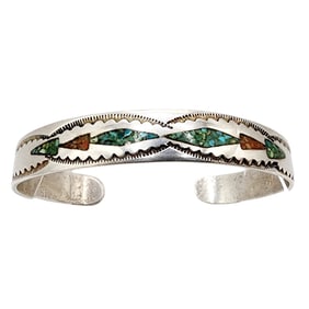 Vintage Navajo Sterling Turquoise Coral Chip Inlay Cuff 15.2g