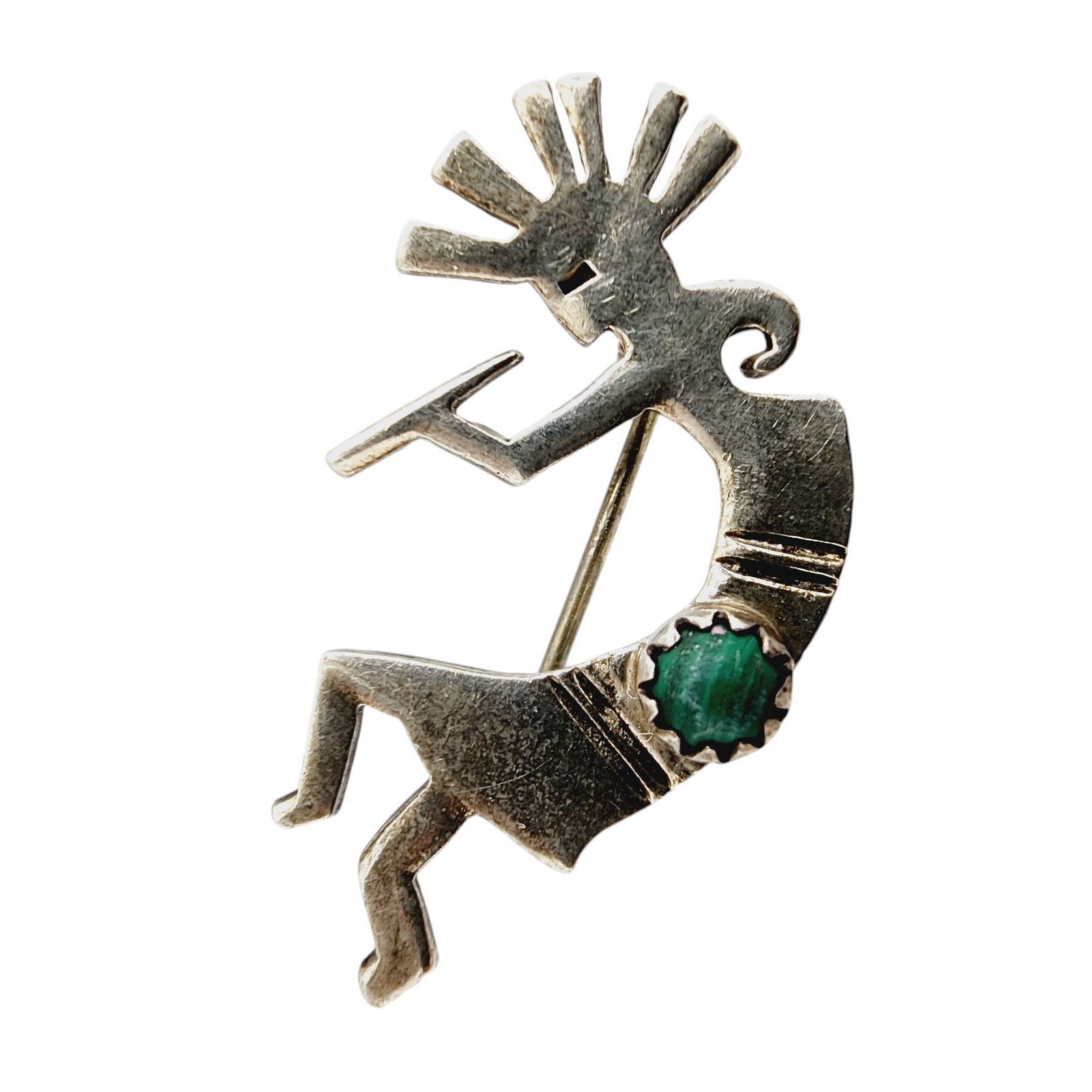 Vintage Navajo Sterling Malachite Kokopelli Brooch 3.6g: Vintage Navajo Sterling Malachite Kokopelli Brooch 3.6g