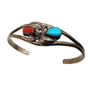 Vintage Navajo Sterling Turquoise Coral Feather Cuff Bracelet 11.4g