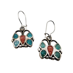 Vintage Signed Tb? Navajo Turquoise Coral Chip Inlay Butterfly Earrings 3.8g