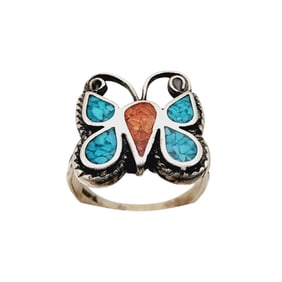 Vintage Signed Tb? Navajo Turquoise Coral Chip Inlay Butterfly Ring Sz 9 4.8g