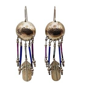 Vintage Signed LHTC Sterling Southwest Concho Stamped Feather Fringe Earrings 6g