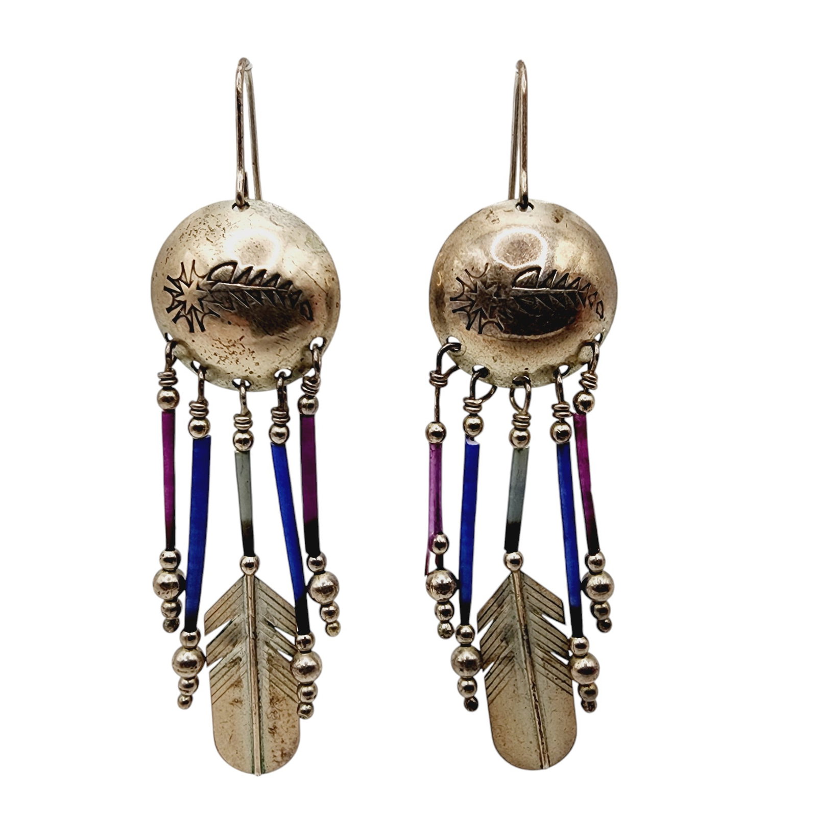 Vintage Signed LHTC Sterling Southwest Concho Stamped Feather Fringe Earrings 6g: Vintage Signed LHTC Sterling Southwest Concho Stamped Feather Fringe Earrings 6g