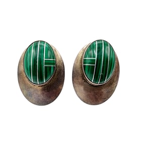 Ronnie Willie Navajo Sterling Malachite Inlay Earrings 8.4g