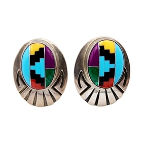 Signed 'M' Navajo Sterling Multistone Inlay Earrings 11.9g