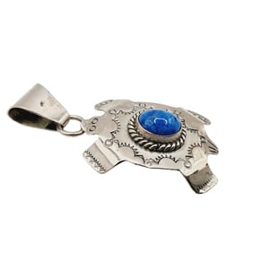 Navajo Sterling Denim Lapis Lazuli Hand Stamped Turtle Pendant 5.4g