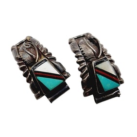 Vintage Zuni Sterling Turquoise Coral Inlay Watch Tips 11.5g