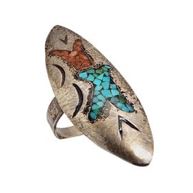 Vintage Navajo Sterling Turquoise Coral Chip Inlay Ring Sz 6.5 4.9g