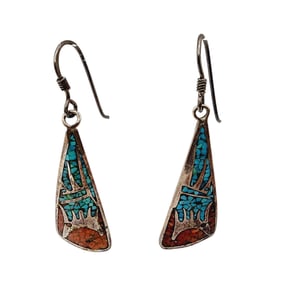 Vintage Navajo Sterling Turquoise Coral Chip Inlay Earrings 4.4g