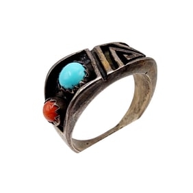 First Traders Gallup Sterling Turquoise Coral Maze Ring Sz 10 6g