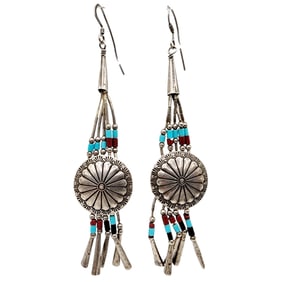 Vintage Navajo Sterling Concho Fringe Bead Earrings 8.5g