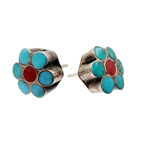 Zuni Dishta Sterling Inlay Flower Earrings 1.8g