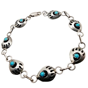 Southwest Sterling Shadowbox Turquoise Bear Paw Link Bracelet 5.8g