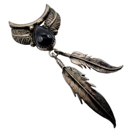 Eddie Secatero Navajo Sterling Onyx Feather Slide Pendant 7.1g