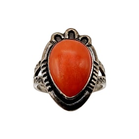 Maisels Trading Post Sterling Coral Hand Stamped Ring Sz 5.5 4.1g