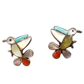 Zuni Sterling Hummingbird Inlay Earrings 2.7g