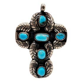 Big Navajo Sterling Turquoise Feather Cross Pendant 11.3g