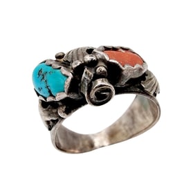 Signed 'JC' Navajo Sterling Turquoise Coral Ring Sz 6 5.2g