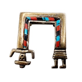 Vintage Navajo Signed Sterling Rainbow Man Inlay Brooch 5g