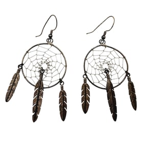Vintage Sterling Southwestern Dreamcatcher Feather Dangle Earrings 10.8g