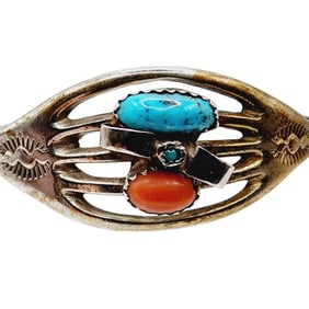Vintage Signed 'M' Navajo Coral Turquoise Stamped Cuff Bracelet 15g