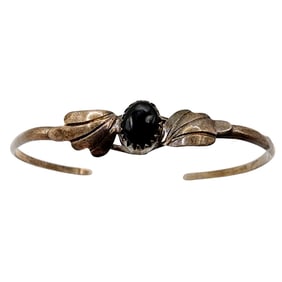 Signed 'S' Navajo Sterling Onyx Cuff Bracelet 5.3g