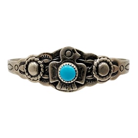 Vintage Bell Trading Post Nickel Turquoise Thunderbird Child Cuff Bracelet 5.7g