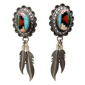 Quoc Trading Sterling Concho Inlay Feather Earrings 6.4g