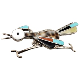 Signed 'IE' Zuni Vintage Sterling Inlay Roadrunner Pendant/Brooch 5.9g
