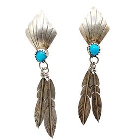 Vintage Navajo Turquoise Feather Sterling Earrings 4.9g