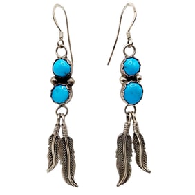 Vintage Sterling Navajo Turquoise Feather Earrings 7.9g