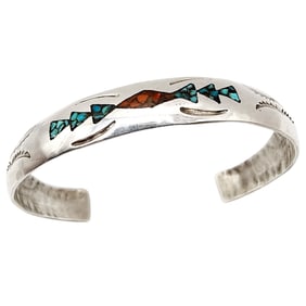Charlie John Navajo Crushed Turquoise Coral Sterling Cuff Bracelet 11.3g