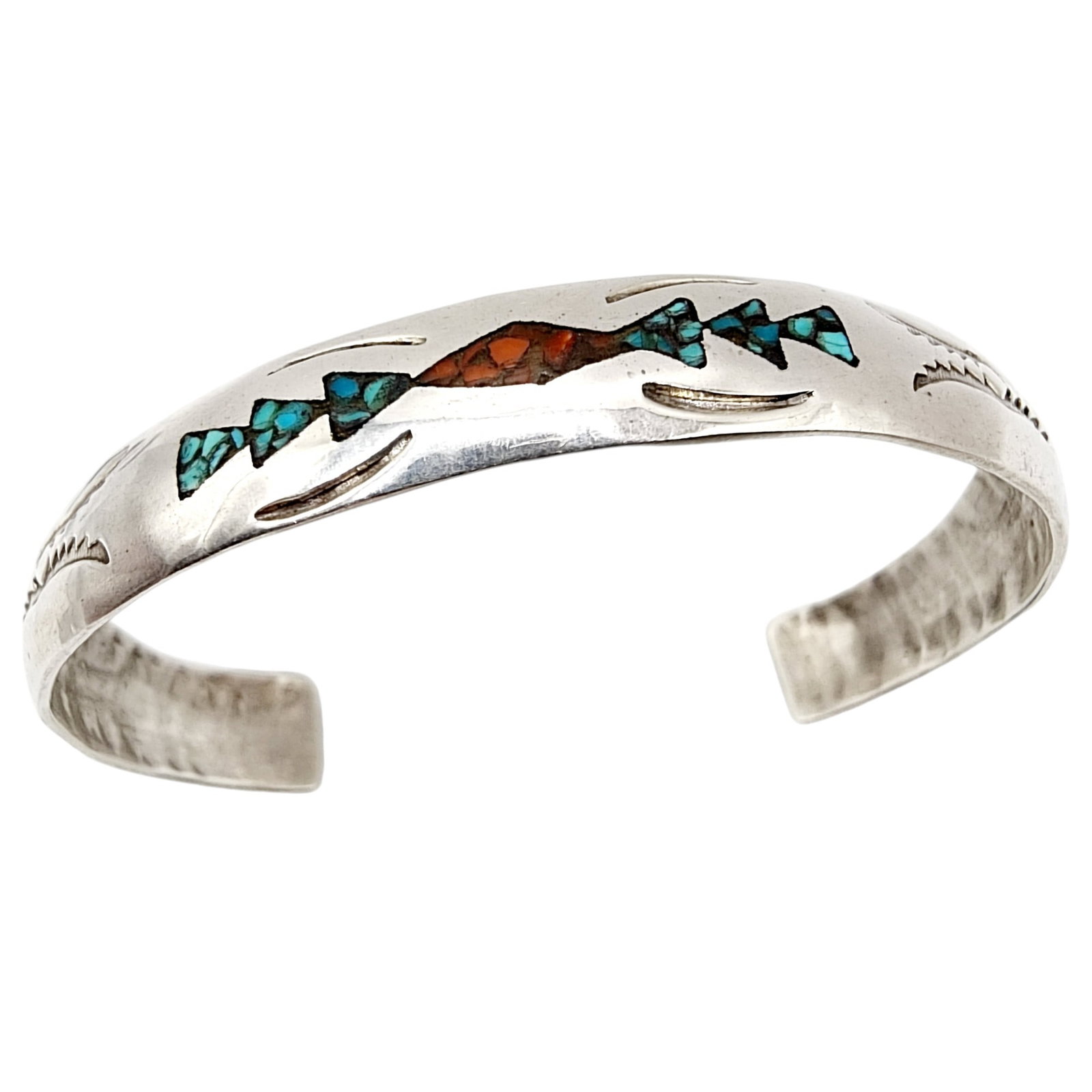 Charlie John Navajo Crushed Turquoise Coral Sterling Cuff Bracelet 11.3g: Charlie John Navajo Crushed Turquoise Coral Sterling Cuff Bracelet 11.3g