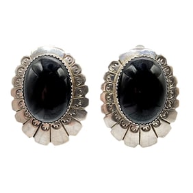 Large Signed 'LS' Navajo Sterling Onyx Concho Earrings 24.3g