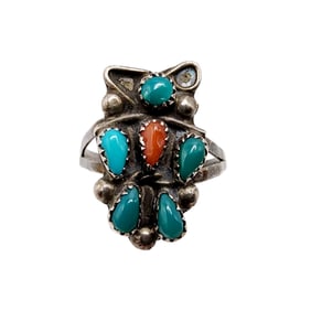Vintage Navajo Sterling Thunderbird Turquoise Coral Petit Point Ring Sz 6 2.3g